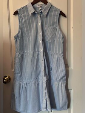 Blue and White Striped Sleeveless Tiered Shirt Dress by da-sh Studio Size Medium